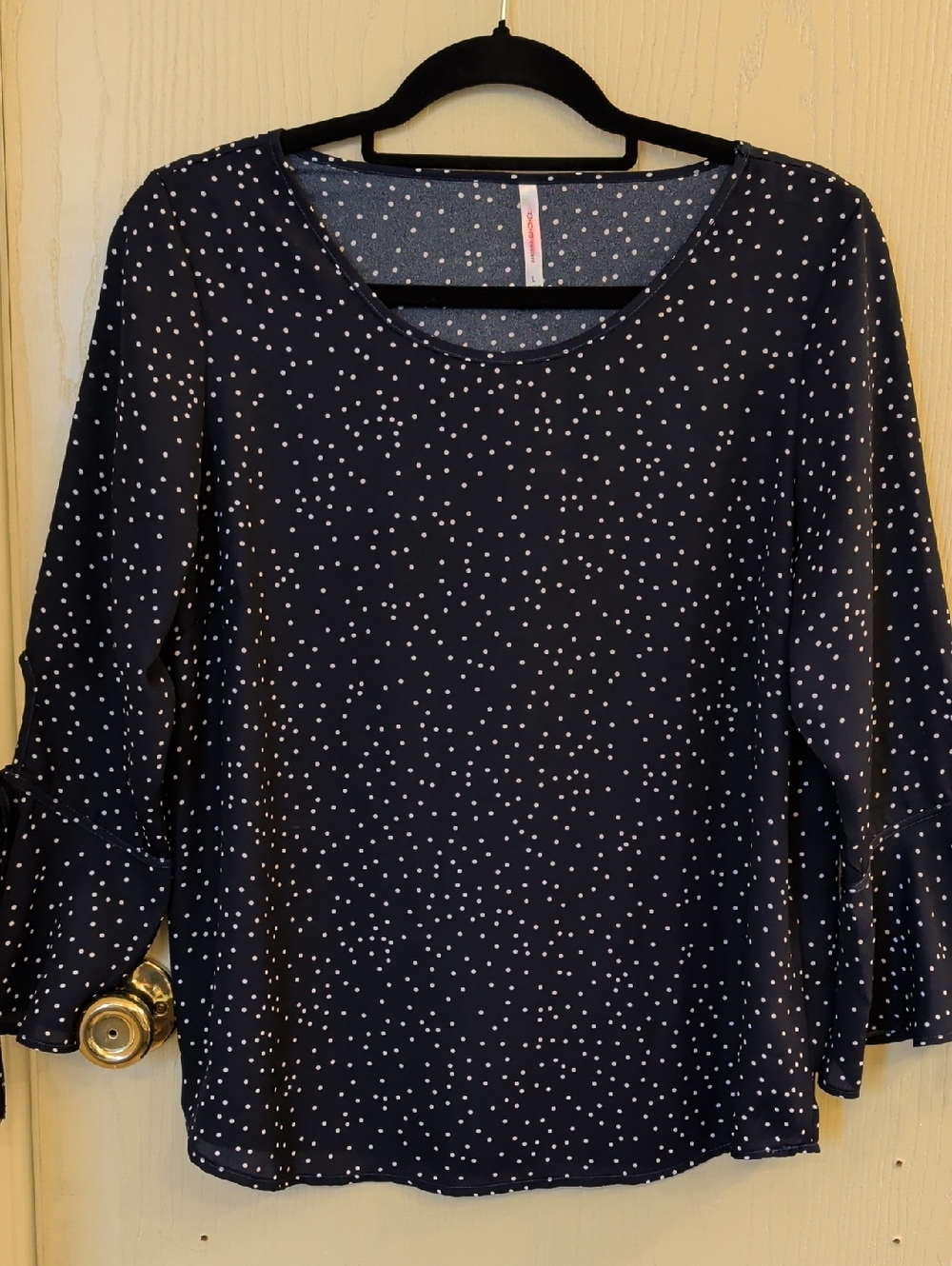 DNA Couture Navy Polka Dot Blouse Large 3/4 Sleeve Scoop Neck Tie Sleeve Top